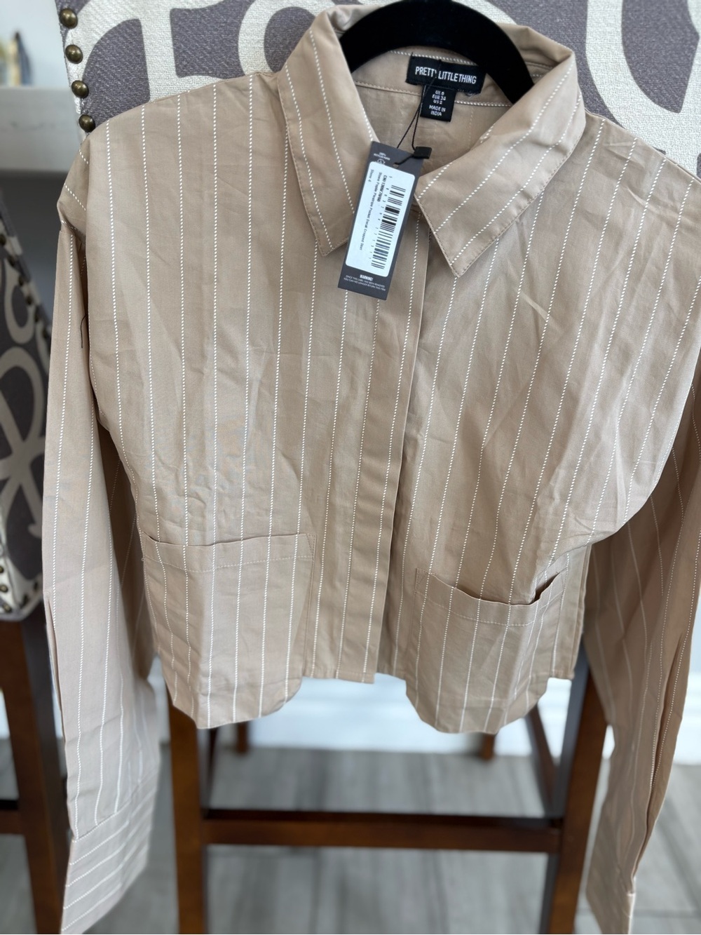 PrettyLittleThing Beige Pinstripe Cropped Blazer